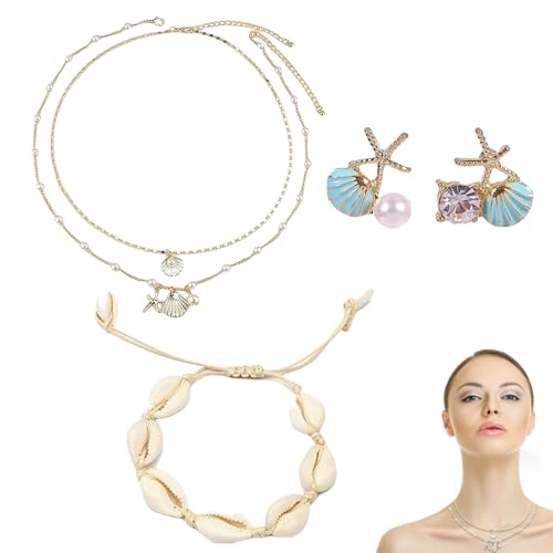 Vimmvid 4 Stück Muschel Armband, Fußkettchen, Women's Anklets, Fußkette Damen Muschel Ohrringe Für Frauen Brautschmuck Set Perlenschmuck Set von Vimmvid