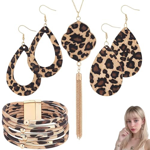 4 Stück Schmucksets für Damen Leopardenmuster Set, Ohrringe Leopardenmuster Modisch und Gut Aussehend, Leoprint Accessoires Weihnachtsschmuck Für Frauen, Anhänger Ohrringe Mehrschichtiges Armband von Vimmvid