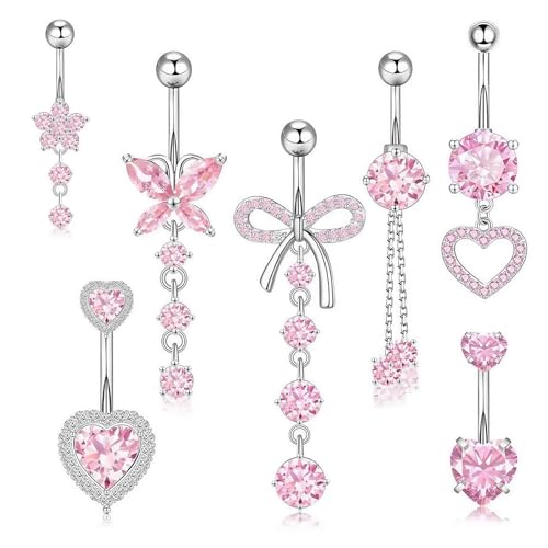 7 Stück Bauchnabelpiercing Set, Belly Piercing Hängende Schmetterling und Herz Designs, Bauchnabelpiercing Chirurgenstahl Pink, Bauchnabel Ringe Schmuck für Frauen von Vimmvid