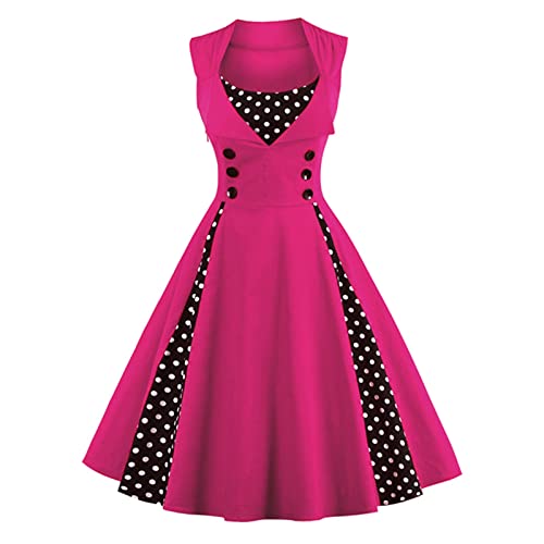 Cocktailkleid Damen Vimoli 1950er Vintage Rockabilly Kleider A-Linie Schwingen Kleid Polka Dot Swing Faltenrock Partykleid Ballkleider Ärmelloses Knielang Gepunktet Abendkleider Kleid(Heißes Rosa,XXL) von Vimoli