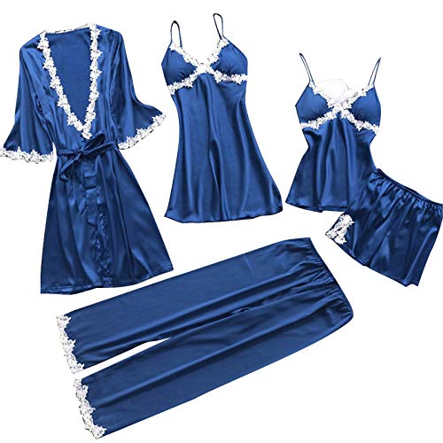 Vimoli 5-teiliges Set Dessous-Sets Damen Dessous Lace Babydoll Nachtwäsche Nachthemd Einfarbig Pyjamas Set Kimono Morgenmantel Satin Bademantel Seide Roben V Ausschnitt Mit Blumenspitze(T Blau,3XL) von Vimoli