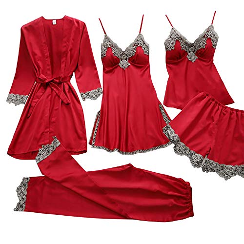 Vimoli 5-teiliges Set Dessous-Sets Damen Dessous Lace Babydoll Nachtwäsche Nachthemd Einfarbig Pyjamas Set Kimono Morgenmantel Satin Bademantel Seide Roben V Ausschnitt Mit Blumenspitze(U Rot,M) von Vimoli