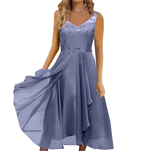 Vimoli Abendkleider Damen Elegante Spitze Patchwork Ballkleider Cocktailkleid Unregelmäßiges Saum Chiffon Sommerkleider Kurzarm V-Ausschnitt Hochzeit Brautjungfer Midikleid(B Blau,L) von Vimoli