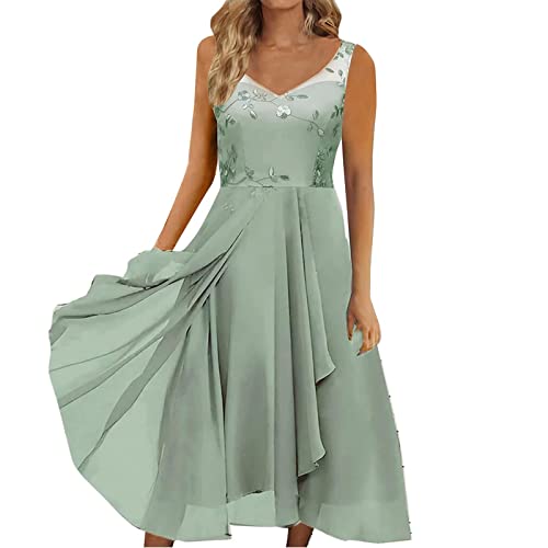 Vimoli Abendkleider Damen Elegante Spitze Patchwork Ballkleider Cocktailkleid Unregelmäßiges Saum Chiffon Sommerkleider Kurzarm V-Ausschnitt Hochzeit Brautjungfer Midikleid(B Grün,XXL) von Vimoli