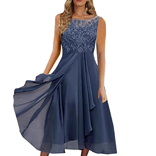 Vimoli Abendkleider Damen Elegante Spitze Patchwork Ballkleider Cocktailkleid Unregelmäßiges Saum Chiffon Sommerkleider Kurzarm V-Ausschnitt Hochzeit Brautjungfer Midikleid(D Blau,3XL) von Vimoli