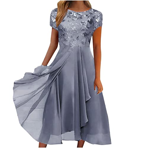 Vimoli Abendkleider Damen Elegante Spitze Patchwork Ballkleider Cocktailkleid Unregelmäßiges Saum Chiffon Sommerkleider Kurzarm V-Ausschnitt Hochzeit Brautjungfer Midikleid(E Grau,XL) von Vimoli