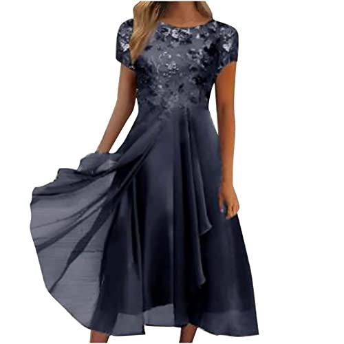 Vimoli Abendkleider Damen Elegante Spitze Patchwork Ballkleider Cocktailkleid Unregelmäßiges Saum Chiffon Sommerkleider Kurzarm V-Ausschnitt Hochzeit Brautjungfer Midikleid(E Schwarz,3XL) von Vimoli