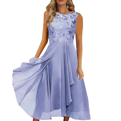 Vimoli Abendkleider Damen Elegante Spitze Patchwork Ballkleider Cocktailkleid Unregelmäßiges Saum Chiffon Sommerkleider Kurzarm V-Ausschnitt Hochzeit Brautjungfer Midikleid(H Blau,3XL) von Vimoli