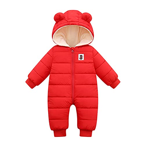 Vimoli Baby Jungen Mädchen Winter Overall mit Kapuze Strampler Schneeanzug Jungen Mädchen Langarm Jumpsuit Warm Outfits Tasche Langarm Schneeanzug (Red, 0-6 Monate) von Vimoli