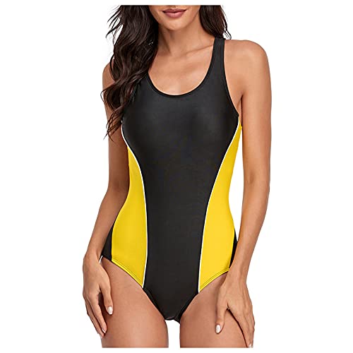 Vimoli Badeanzug Damen Einteilig Sport Schwimmanzug Push Up Figurformend Bauchweg Bademode Bauchweg Einteiler Swimsuit(A Gelb,XXL) von Vimoli