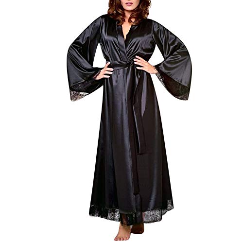 Vimoli Bademantel Damen Lang Satin Kimono Morgenmantel Robe Seide Weiche Negligee 3/4 Ärmel Nachtwäsche mit Gürtel G-String V Ausschnitt für Hochzeit und Pajama Party(A Schwarz,3XL) von Vimoli