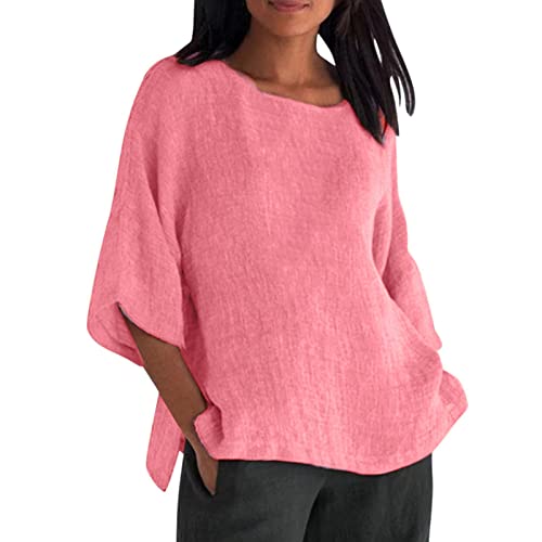 Vimoli Bluse Damen Einfarbig 3/4 Ärmel Baumwolle Leinen Bluse Große Größen Pullover T-Shirts Oberteil Top Übergroße Locker Blusenshirt Lässige Rundhals Hemd Sommer Tunika Shirt(A Rosa,5XL) von Vimoli