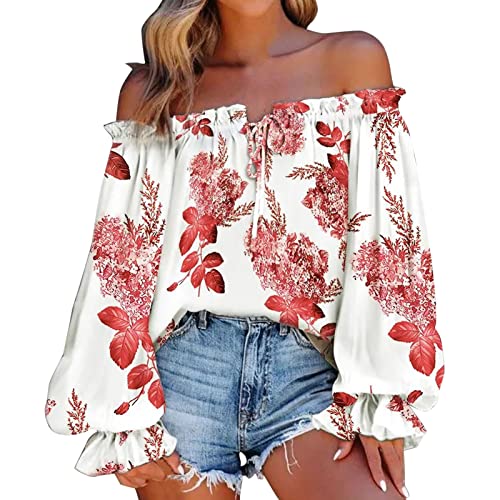 Vimoli Blusen Damen Sommer Boho Blumenmuster Druck Tunika Bluse Elegant Schulterfrei Bluseshirt Rüschen Langarm Oberteile T-Shirt Lässig Locker Hemdbluse(Weiß,L) von Vimoli