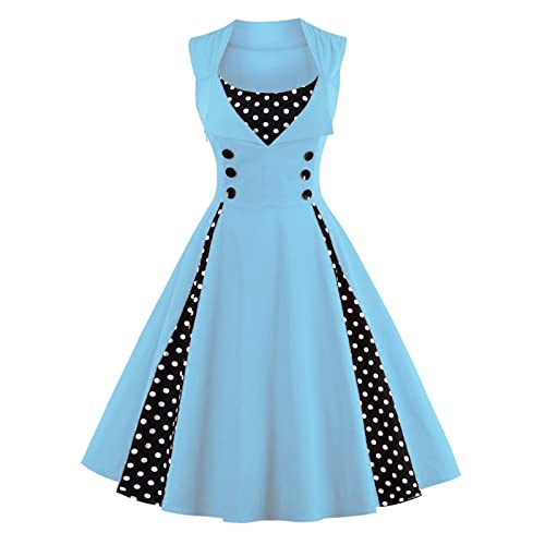 Vimoli Cocktailkleid Damen 1950er Vintage Rockabilly Kleider A-Linie Schwingen Kleid Polka Dot Swing Faltenrock Partykleid Ballkleider Ärmelloses Knielang Gepunktet Abendkleider Kleid(Blau,XL) von Vimoli