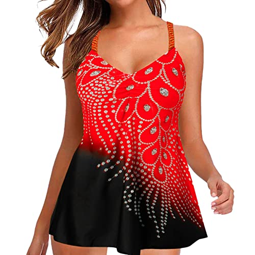 Vimoli Damen Bauchweg Tankini Große Größe Badeanzug mit Shorts Black Streifen Push up Bademode Zweiteiliger Badekleid Badeanzug mit Hot Pants(E Rot,XL) von Vimoli