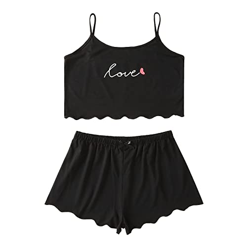 Vimoli Damen Kurz Schlafanzug Pyjama Set Cartoonmuster Top und Short Zweiteilig Sleepwear Sommer Leibchenoberteile Hausanzug Mode Stilvoll Gedruckt Crop Tops Teenager Mädchen Süß Pyjama(L Rosa,S) von Vimoli