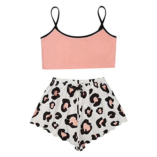 Vimoli Damen Kurz Schlafanzug Pyjama Set Cartoonmuster Top und Short Zweiteilig Sleepwear Sommer Leibchenoberteile Hausanzug Mode Stilvoll Gedruckt Crop Tops Teenager Mädchen Süß Pyjama(P Rosa,M) von Vimoli