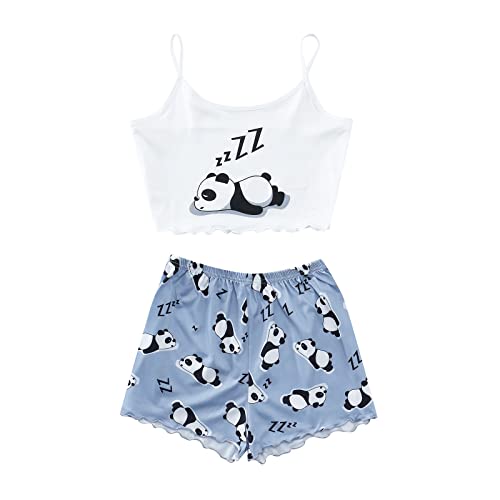 Vimoli Damen Kurz Schlafanzug Pyjama Set Cartoonmuster Top und Short Zweiteilig Sleepwear Sommer Leibchenoberteile Hausanzug Mode Stilvoll Gedruckt Crop Tops Teenager Mädchen Süß Pyjama(T Weiß,XL) von Vimoli