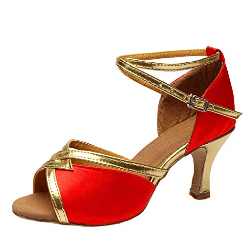 Vimoli Damen Lateinische Tanzschuhe Med Heels Satinschuhe Party Tango Salsa Tanzschuhe(D rot,37) von Vimoli