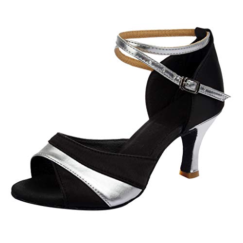 Vimoli Damen Lateinische Tanzschuhe Med Heels Satinschuhe Party Tango Salsa Tanzschuhe(F Silber,42) von Vimoli