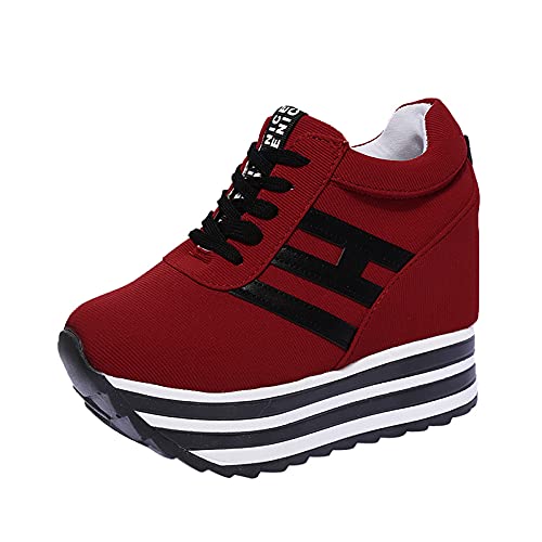 Vimoli Damen Plateau mit Keilabsatz Schuhe Sneaker Heel Lace-Up Platform Schuhe Sportschuhe Runners Turnschuhe Fitnessschuhe Laufschuhe (A rot,36) von Vimoli