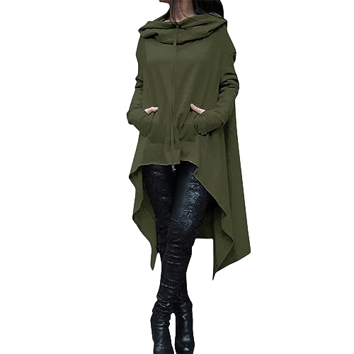 Vimoli Kapuzenpullover Damen Asymmetrischer Saum Hoodie Sweatshirt Oversize Lang Pullover Einfarbig Pulli Sweatjacke Oberteile Langarmshirt Tops Langarm Kapuzenpulli mit Taschen(Armeegrün,5XL) von Vimoli