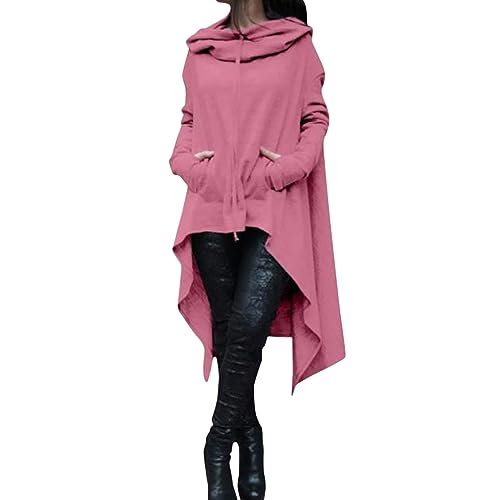 Vimoli Kapuzenpullover Damen Asymmetrischer Saum Hoodie Sweatshirt Oversize Lang Pullover Einfarbig Pulli Sweatjacke Oberteile Langarmshirt Tops Langarm Kapuzenpulli mit Taschen(Rosa,XXL) von Vimoli