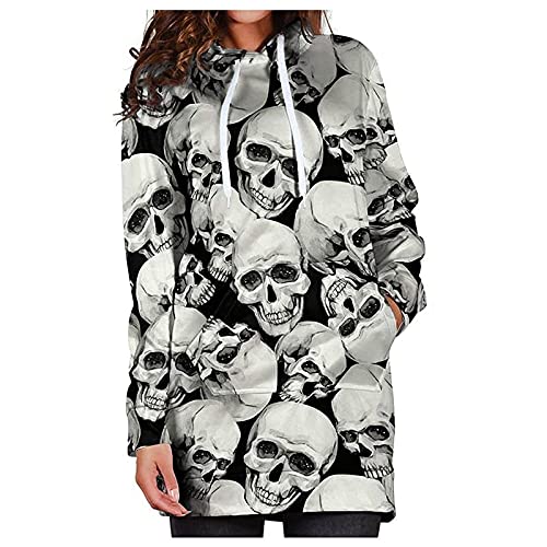 Vimoli Kapuzenpullover Damen Halloween Hoodie Kleid Pullover Langarm Sweatshirts Tops Kordelzug mit Tasche Herbst Totenkopf Druck Mini Kleid mit Kapuze (A Black, XXL) von Vimoli