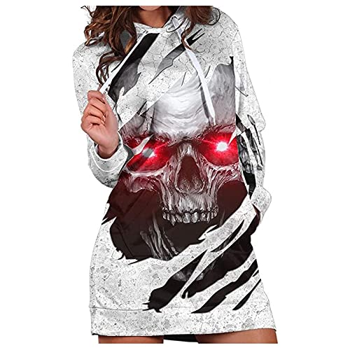 Vimoli Kapuzenpullover Damen Halloween Hoodie Kleid Pullover Langarm Sweatshirts Tops Kordelzug mit Tasche Herbst Totenkopf Druck Mini Kleid mit Kapuze (A Red, S) von Vimoli