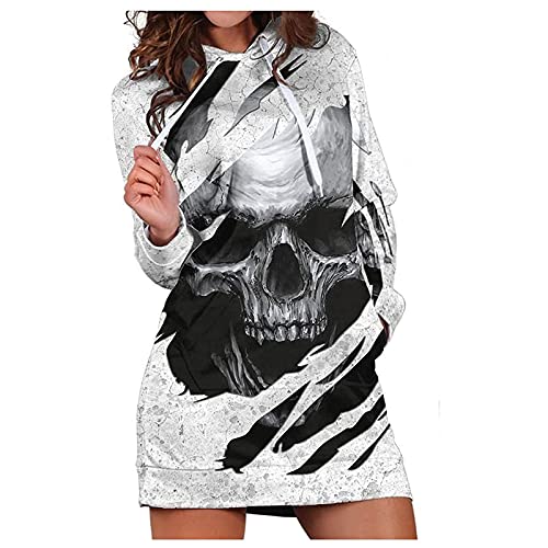 Vimoli Kapuzenpullover Damen Halloween Hoodie Kleid Pullover Langarm Sweatshirts Tops Kordelzug mit Tasche Herbst Totenkopf Druck Mini Kleid mit Kapuze (A White, XL) von Vimoli