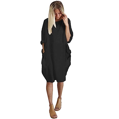 Vimoli Kleider Damen Einfarbig Rundhals Langarm Tunika Kleid Große Größe Oversize Pulloverkleid Blusenkleid Lässig Locker Sweatshirt Freizeitkleid Baggy Knielang Shirtkleid mit Taschen(A Schwarz,6XL) von Vimoli