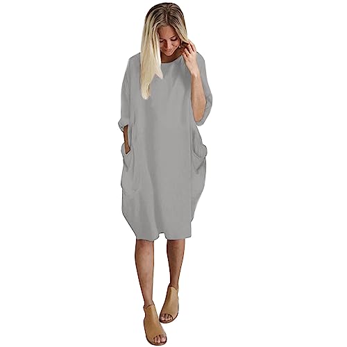 Vimoli Kleider Damen Einfarbig Rundhals Langarm Tunika Kleid Große Größe Oversize Pulloverkleid Blusenkleid Lässig Locker Sweatshirt Freizeitkleid Baggy Knielang Shirtkleid mit Taschen(A Grau,3XL) von Vimoli