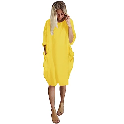 Vimoli Kleider Damen Einfarbig Rundhals Langarm Tunika Kleid Große Größe Oversize Pulloverkleid Blusenkleid Lässig Locker Sweatshirt Freizeitkleid Baggy Knielang Shirtkleid mit Taschen(A Gelb,M) von Vimoli