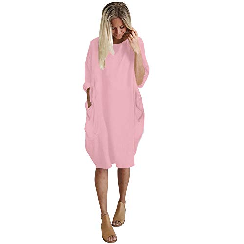 Vimoli Kleider Damen Einfarbig Rundhals Langarm Tunika Kleid Große Größe Oversize Pulloverkleid Blusenkleid Lässig Locker Sweatshirt Freizeitkleid Baggy Knielang Shirtkleid mit Taschen(D Rosa,XL) von Vimoli