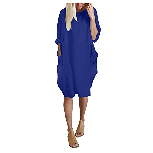 Vimoli Kleider Damen Einfarbig Rundhals Langarm Tunika Kleid Große Größe Oversize Pulloverkleid Blusenkleid Lässig Locker Sweatshirt Freizeitkleid Baggy Knielang Shirtkleid mit Taschen(F Blau,XL) von Vimoli