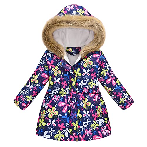 Vimoli Mädchen Winterjacke Mit Kapuze Und Blumenstickerei Trenchcoat Fellkapuze Kinder Wintermantel Kälteschutz Warm Verdickte Daunenjacke Daunenmantel Parka (G, 140) von Vimoli