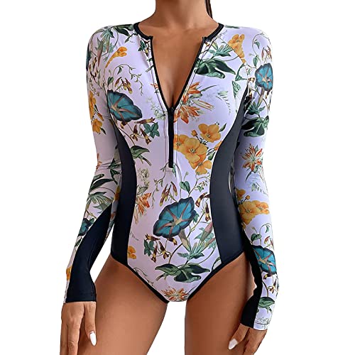 Vimoli Schwimmshirt Damen Langarm Rash Guard Bademode Obertei Set Surf Shirt Badeanzug UV Schutz Kleidung UPF 50+ Block Print Tankini Sets(A Weiß,M) von Vimoli