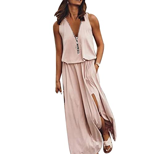 Vimoli Sommerkleid Damen Ärmellos Böhmisch Strandkleid Halber Reißverschluss V-Ausschnitt Urlaubskleid Freizeitkleid Elegant Seitensplit Lang Tunika Kleid Maxikleid mit Taschen(A Khaki,5XL) von Vimoli