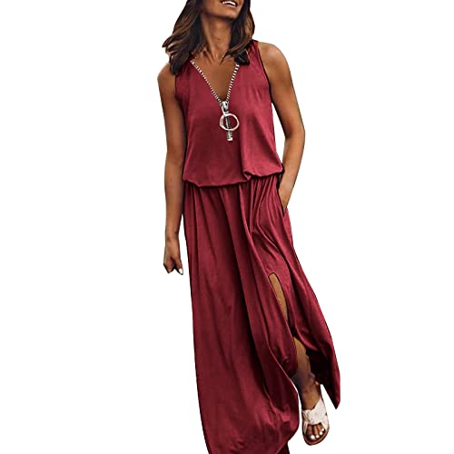 Vimoli Sommerkleid Damen Ärmellos Böhmisch Strandkleid Halber Reißverschluss V-Ausschnitt Urlaubskleid Freizeitkleid Elegant Seitensplit Lang Tunika Kleid Maxikleid mit Taschen(A Rot,3XL) von Vimoli