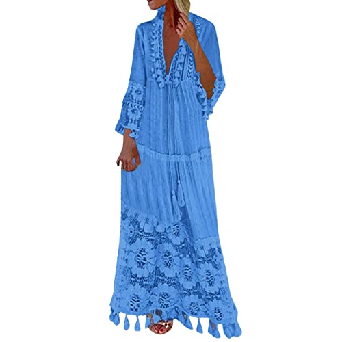 Vimoli Sommerkleid Damen Boho Blumen Spitze Strandkleid Plisse A-Linie Maxikleid Elegante Langarm V-Ausschnitt Abendkleider Partykleid Hohe Taille Lang Urlaubskleid Freizeitkleid(A Blau,XL) von Vimoli