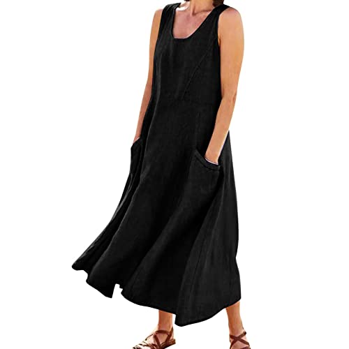 Vimoli Sommerkleider Damen Einfarbig Leinen Kleider Casual Rundkragen Midikleid Partykleid Kurzarm A-Linie Tunika Kleid Lässig Locker Strandkleid Freizeitkleid mit Taschen(B Noir,5XL) von Vimoli