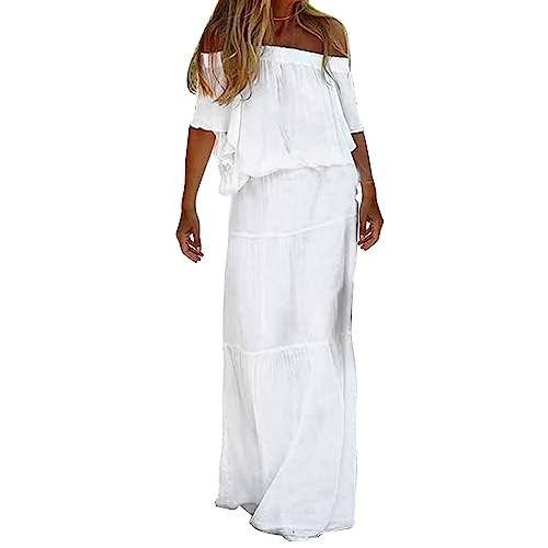Vimoli Sommerkleider Damen Einfarbig Schulterfrei Maxikleid Kurzarm Böhmisch Strandkleid Lässig Locker Lang Freizeitkleid Elegant Plissee A-Linie Partykleid Abendkleider(Blanc,XXL) von Vimoli