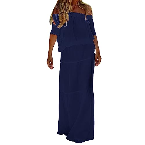 Vimoli Sommerkleider Damen Einfarbig Schulterfrei Maxikleid Kurzarm Böhmisch Strandkleid Lässig Locker Lang Freizeitkleid Elegant Plissee A-Linie Partykleid Abendkleider(Marine,XL) von Vimoli