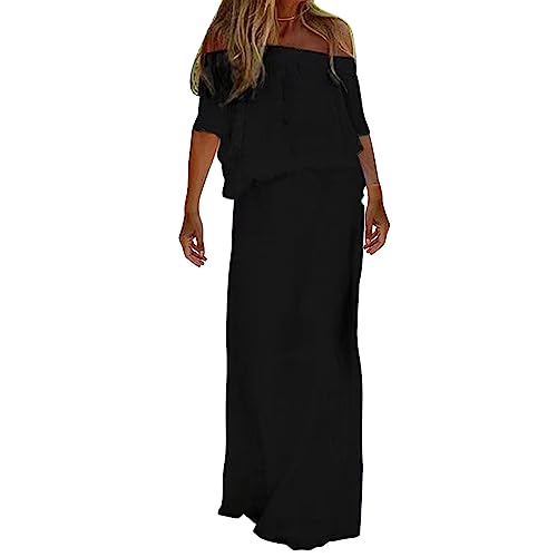 Vimoli Sommerkleider Damen Einfarbig Schulterfrei Maxikleid Kurzarm Böhmisch Strandkleid Lässig Locker Lang Freizeitkleid Elegant Plissee A-Linie Partykleid Abendkleider(Noir,XL) von Vimoli
