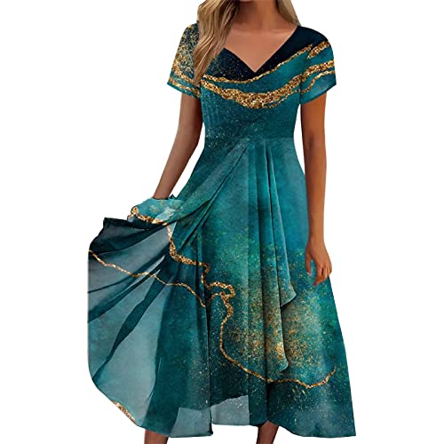 Vimoli Sommerkleider Damen Kurzarm V-Ausschnitt Partykleid Chiffon Swing Ballkleider Elegant Plisse A-Linie Midikleid Asymmetrischer Saum Cocktailkleid Brautjungfer Abendkleid(B Grün,4XL) von Vimoli