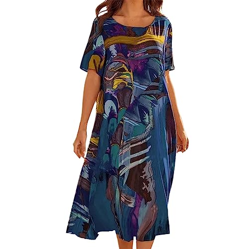 Vimoli Sommerkleider Damen Vintage Druck Strandkleid Rundkragen Kurzarm Tunika Kleid Cocktailkleid Lässig Locker Freizeitkleid Urlaubskleid A-Linie Partykleid Abendkleider(Blau,3XL) von Vimoli