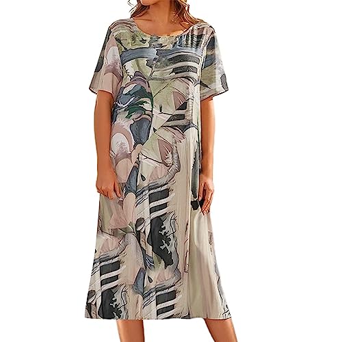 Vimoli Sommerkleider Damen Vintage Druck Strandkleid Rundkragen Kurzarm Tunika Kleid Cocktailkleid Lässig Locker Freizeitkleid Urlaubskleid A-Linie Partykleid Abendkleider(Grau,XL) von Vimoli