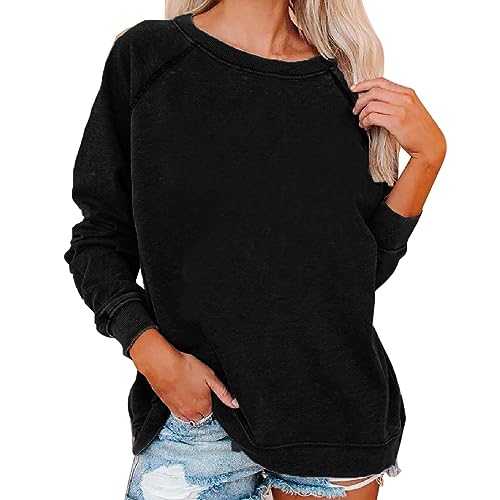 Vimoli Sweatshirts Damen Einfarbig Rundhals Pullover Oberteile Tops Raglanärmel Langarmshirt Pulli Langarm Tunika Bluse Herbst Winter Casual Basic T-Shirt Sport Streetwear(Schwarz,5XL) von Vimoli
