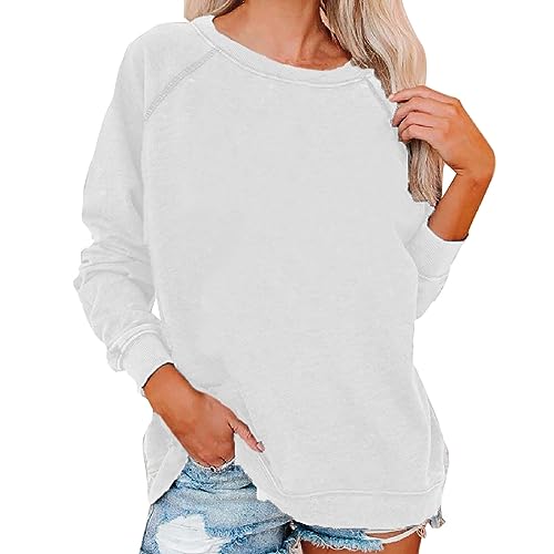 Vimoli Sweatshirts Damen Einfarbig Rundhals Pullover Oberteile Tops Raglanärmel Langarmshirt Pulli Langarm Tunika Bluse Herbst Winter Casual Basic T-Shirt Sport Streetwear(Weiß,4XL) von Vimoli