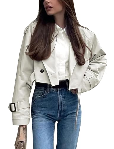 Vimyig Damen Cropped Trenchcoat Casual Revers Zweireiher Kurze Jacke Oberbekleidung mit Gürtel, Weiss/opulenter Garten, S von Vimyig
